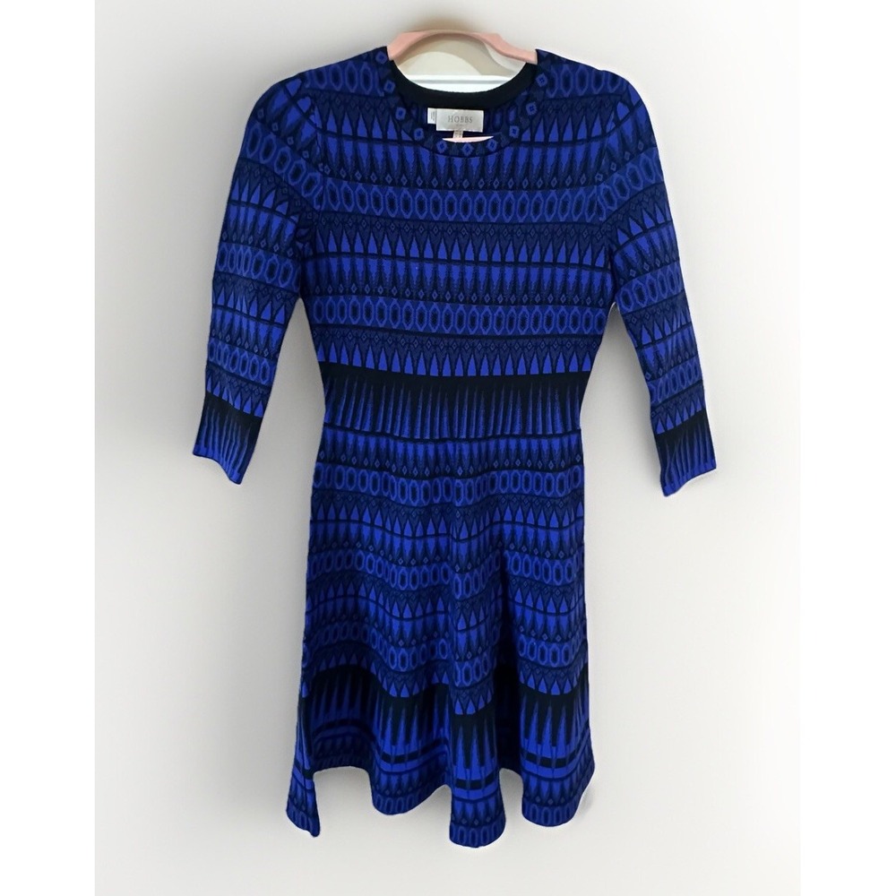 Hobbs London Knit Dress Blue Black Geometric Intarsia Fit Flare 3/4 Sleeve US 2